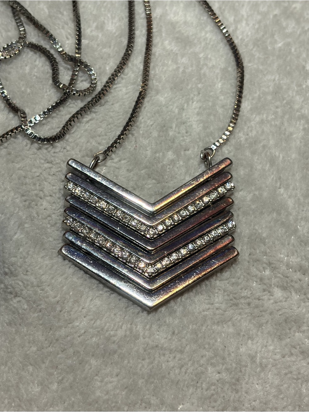Silver Tone Geometric Chevron Rhinestone Statement Pendant Necklace